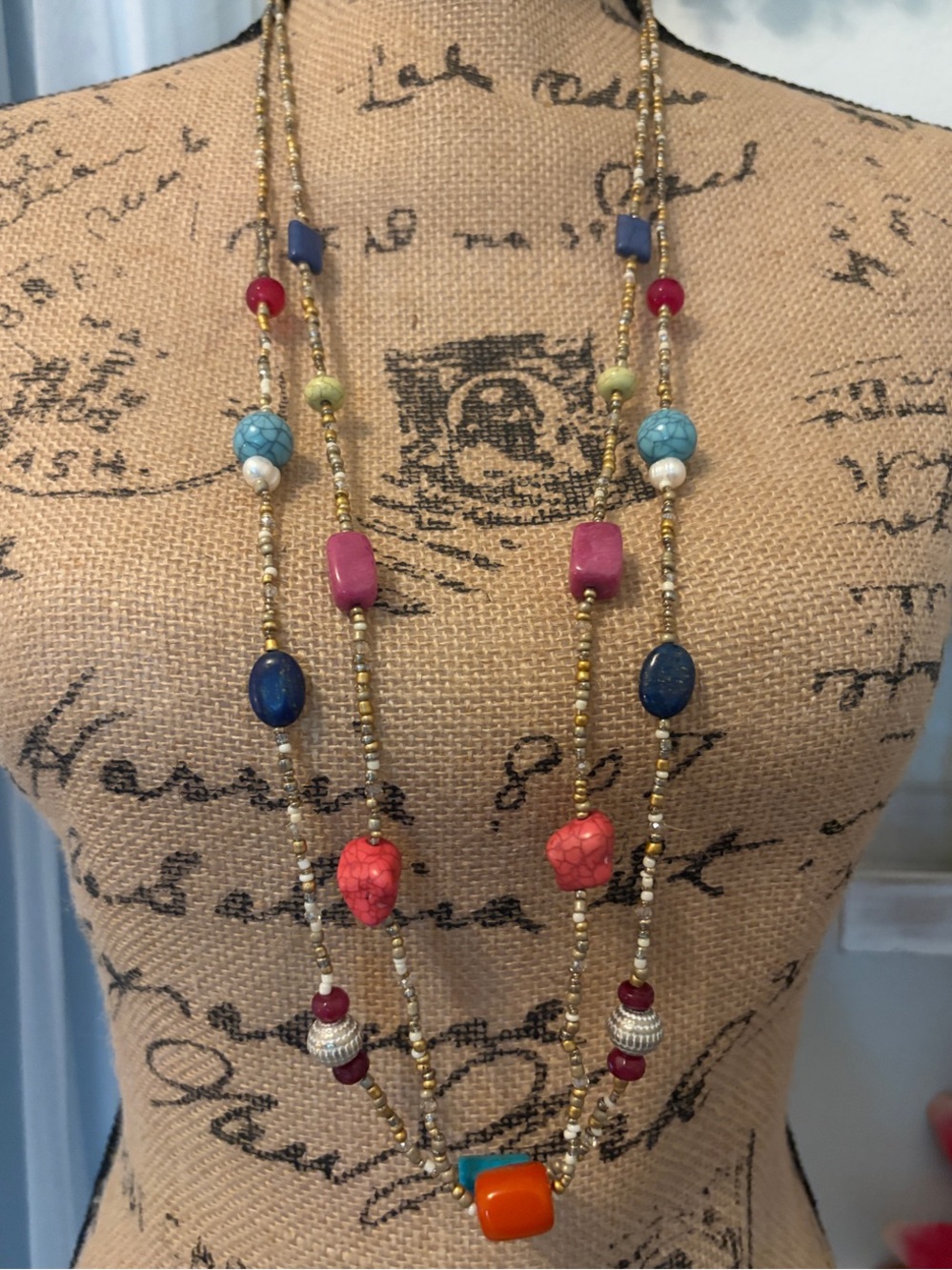 Chico's Multicolor Layered Beaded Necklace with Orange Accent